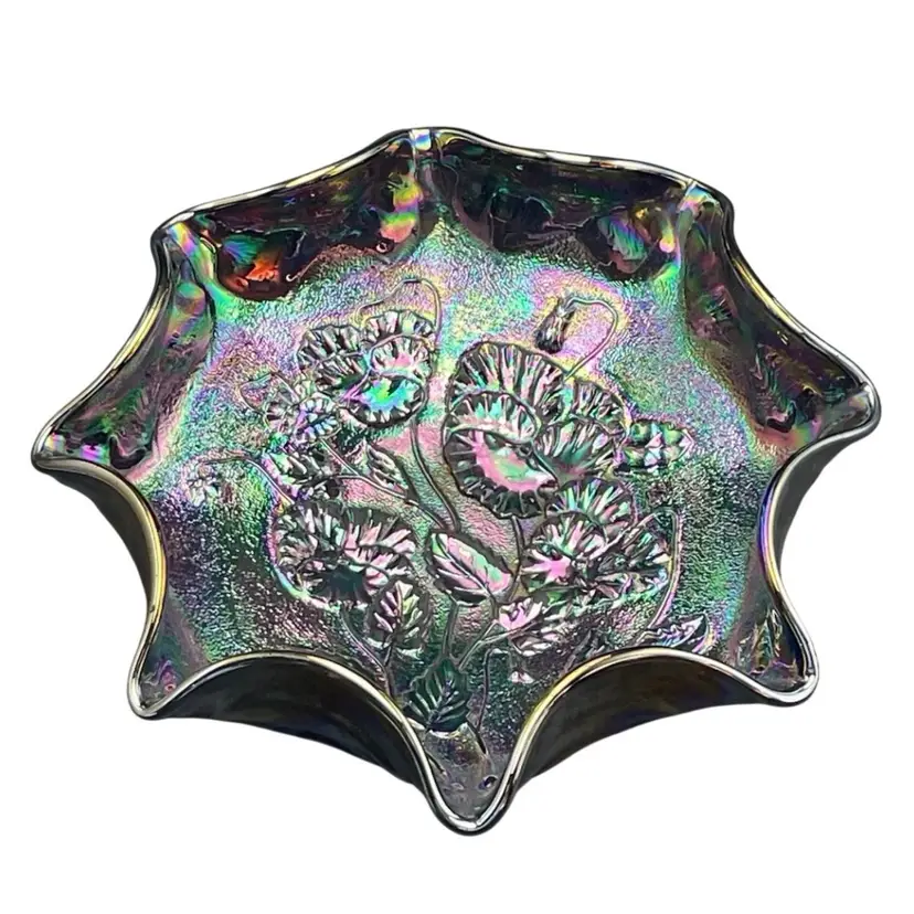 Imperial Glass Electric Amethyst Carnival Pansy Ruffled Bowl VTG Purple Dish