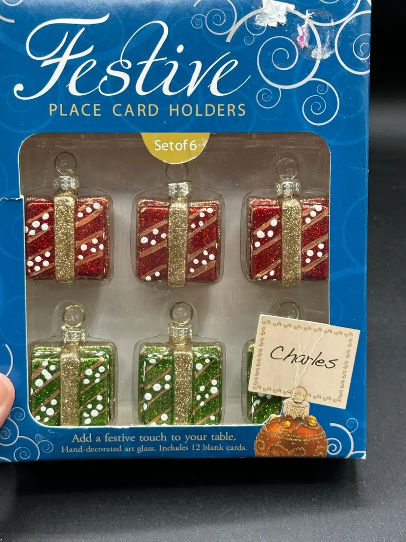 #01 - Christmas Dinner Place Card Holders 6 Hand-Decorated Art Glass Present Ornaments