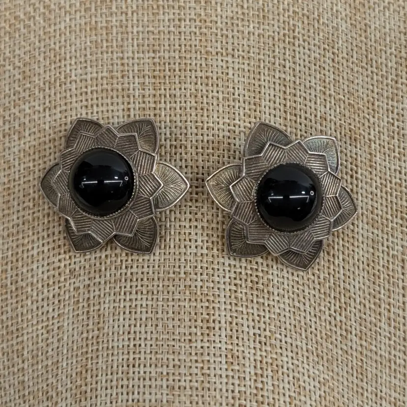Vintage Marjorie Baer Clip-On Earrings Silver Tone Flower Faux Black Onyx SF