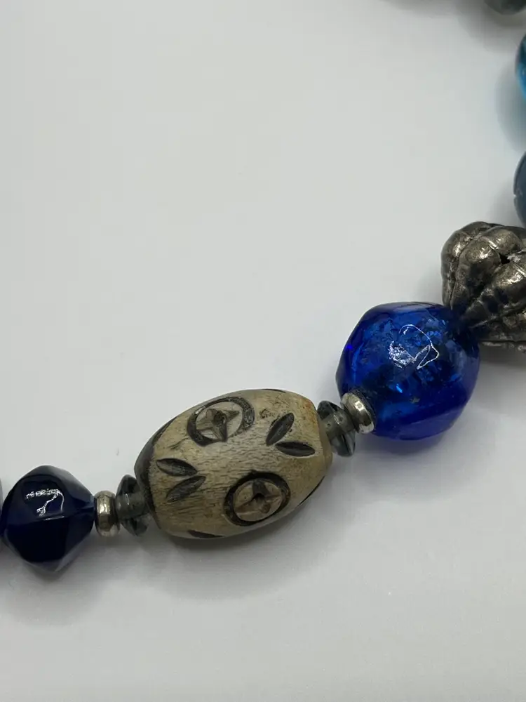 Handmade Tribal Style Carved Wooden & Glass Bead Necklace, Blue & Silver Toned