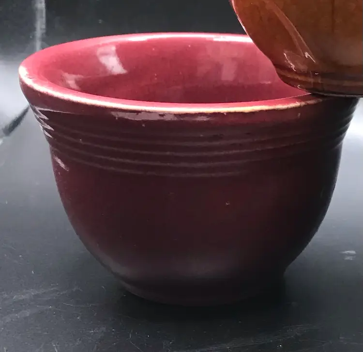 Trio of Vintage Pottery Ringware Custard Cup in Yellow maroon and brown