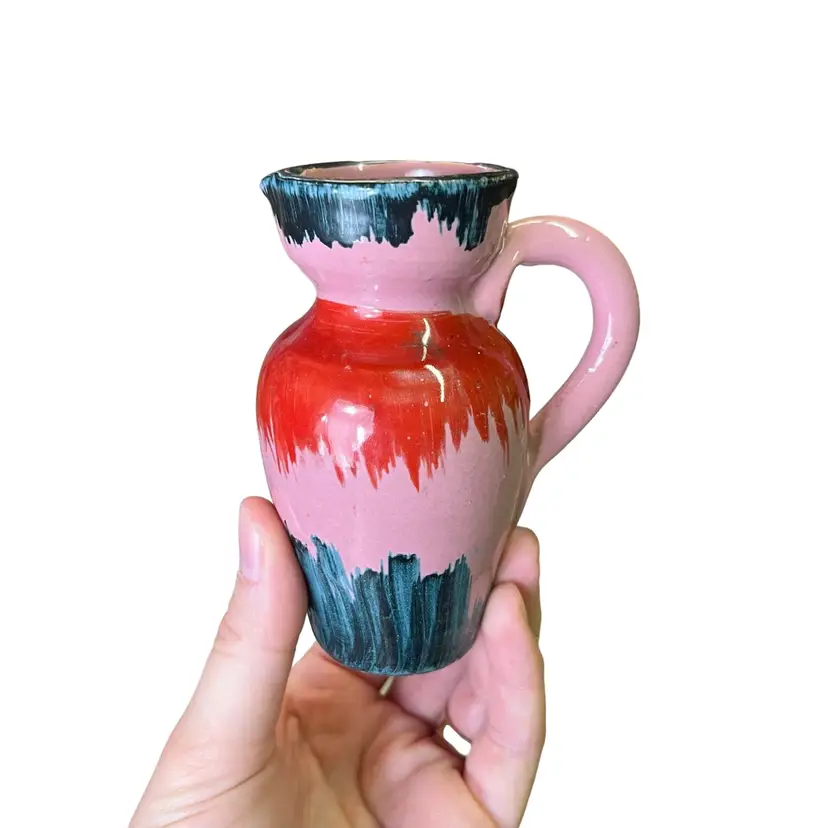 Pink Italian Pottery Mini Pitcher, MCM Painted Italian Ceramic Creamer, MCM Pottery Bud Vase Made In Italy
