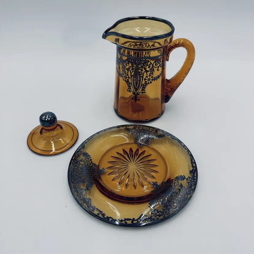 Rare Amber Pitcher Saucer Sterling Silver Overlay  Glass Lidded