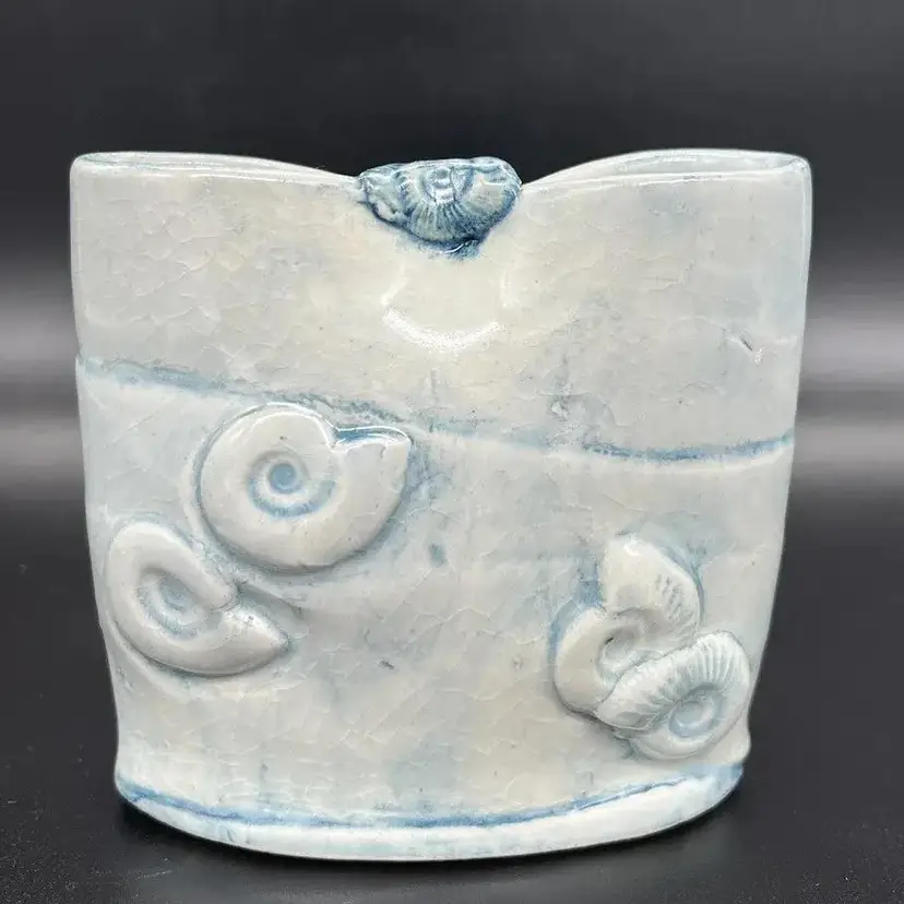 Art Pottery Signed Pinched Vase Vessel Blue Nautilus Sea Shell Beach Coastal Decor
