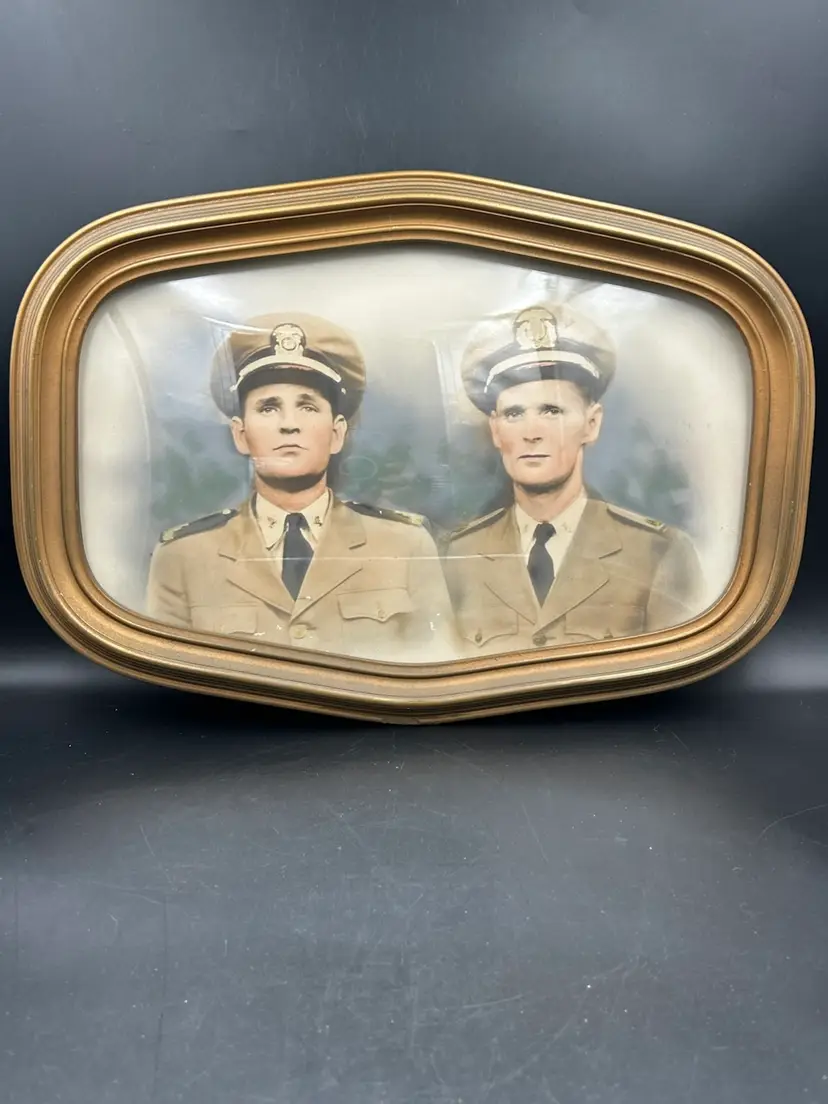 Vtg Framed Military WW2 Soldiers Portrait Photograph Convex Bubble Glass
