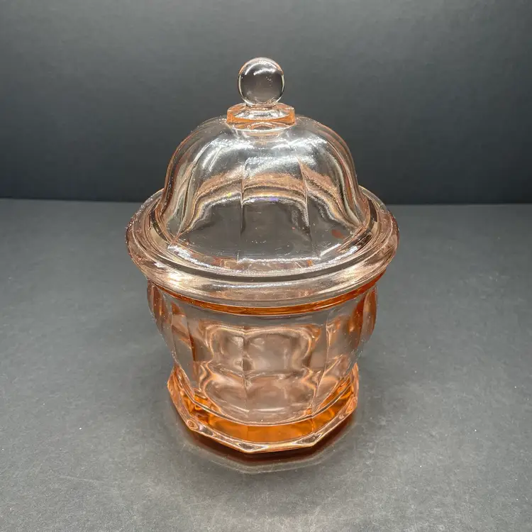 Pink Depression Candy / Cookie Jar With Lid - Vintage Glass Nearing Antique