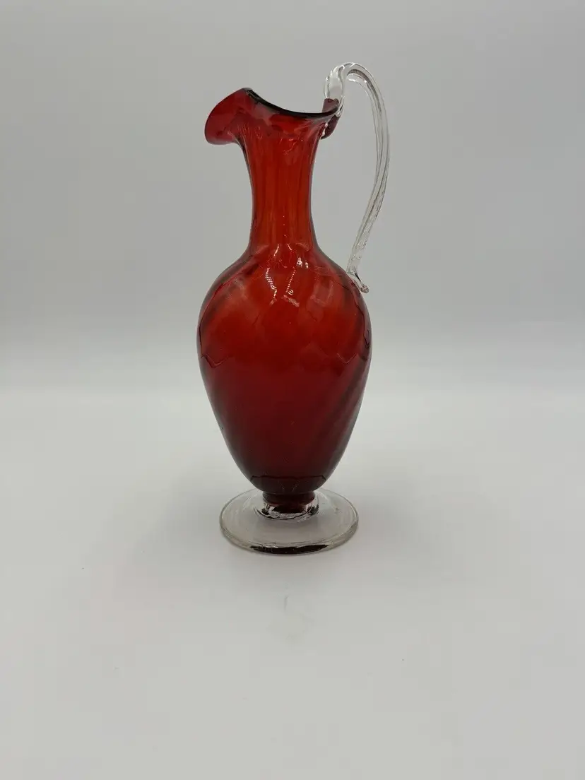 Italian Pitcher Art Glass Ruby Red Ewer 8.5in Vintage Mid Century Modern 