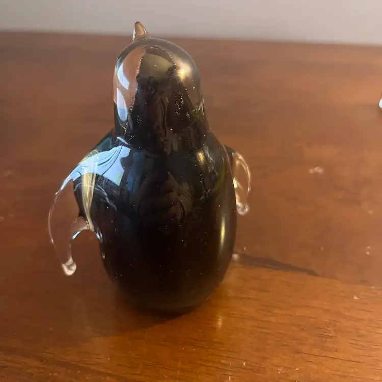 Black and purple, handmade art glass, paperweight penguin marked by Dynasty gallery- 4”
