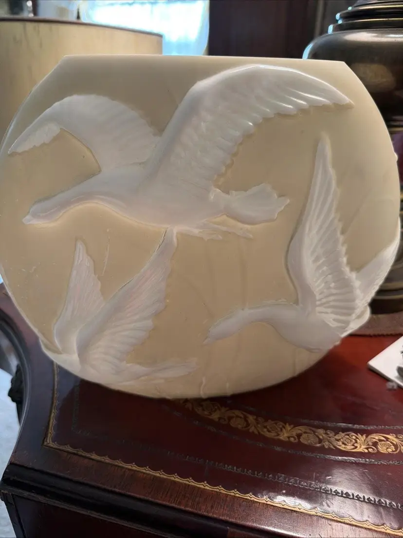 Phoenix Cameo Glass Vase, White Flying Geese, Pale Yellow Matte Finish (9.5in Height)