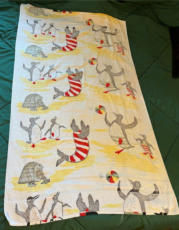 Vintage White Terry Cloth Towel w/ Penguins Beach Balls approx 57” x 34” Summer
