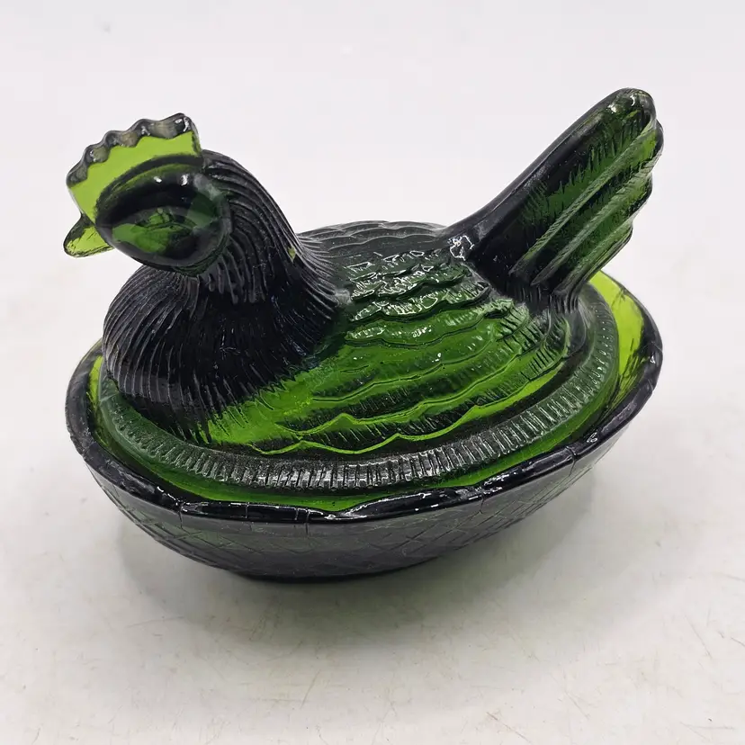 Hen On Nest vintage glass miniature salt cellar trinkets green