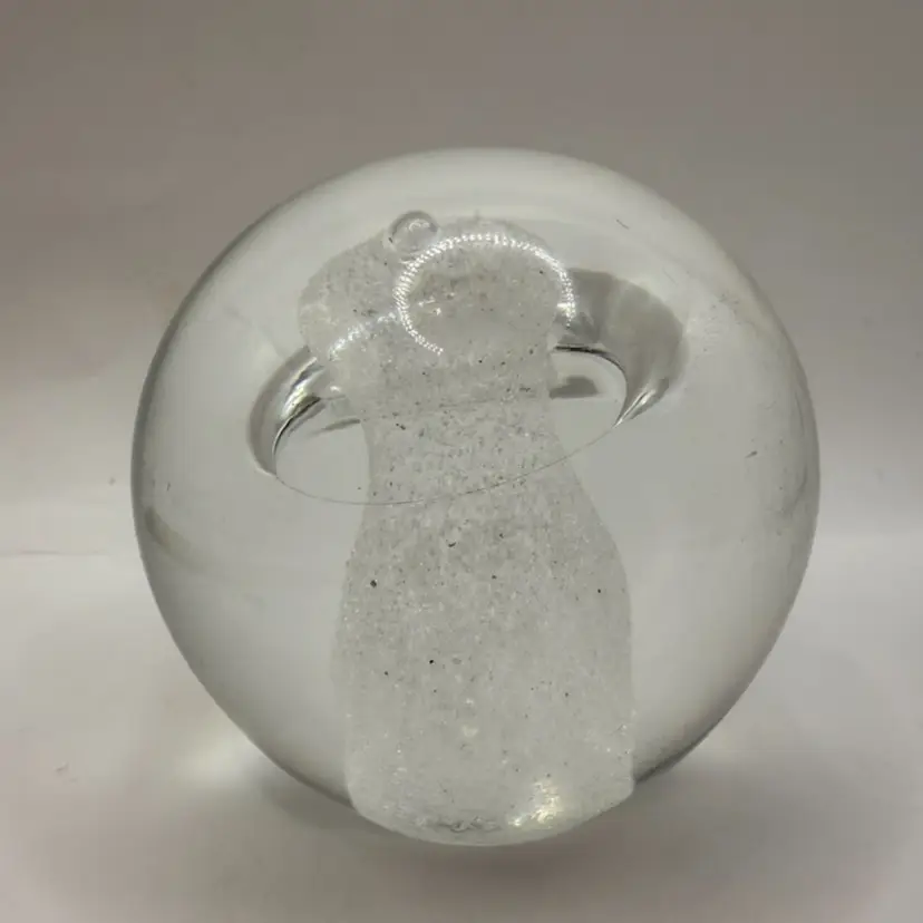Adam Jablonksi Signed White Mist Controlled Bubble Crescent Art Glass Paperweight 2.75”