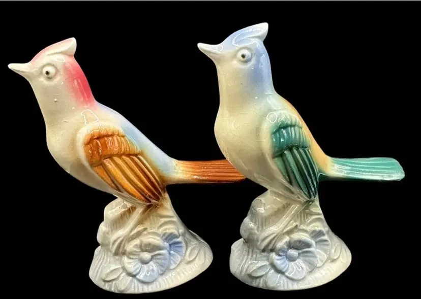 Pair Of Vintage Royal Copley 5 Inch Porcelain Lark Birds On Bases