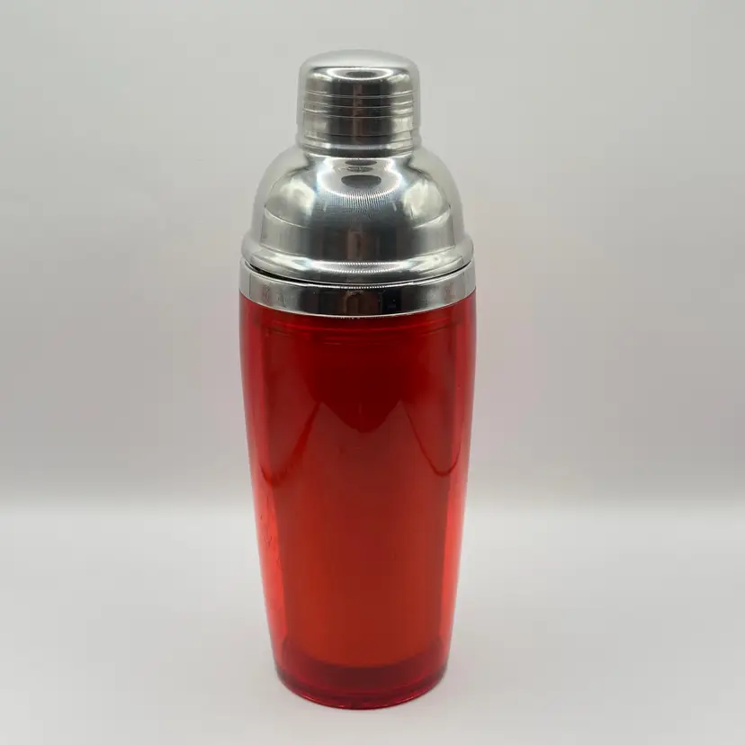 Vintage Red Cocktail Shaker, Retro Barware, Silver-Tone Lid, Unbranded