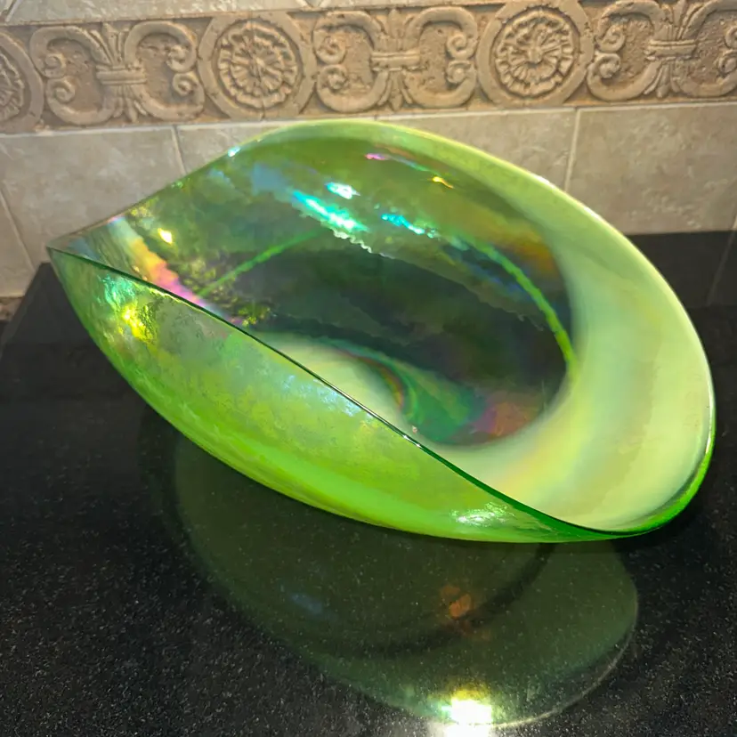 Crate & Barrel Agave Lg 16" Centerpiece Bowl Iridescent Green Murano Glass Italy