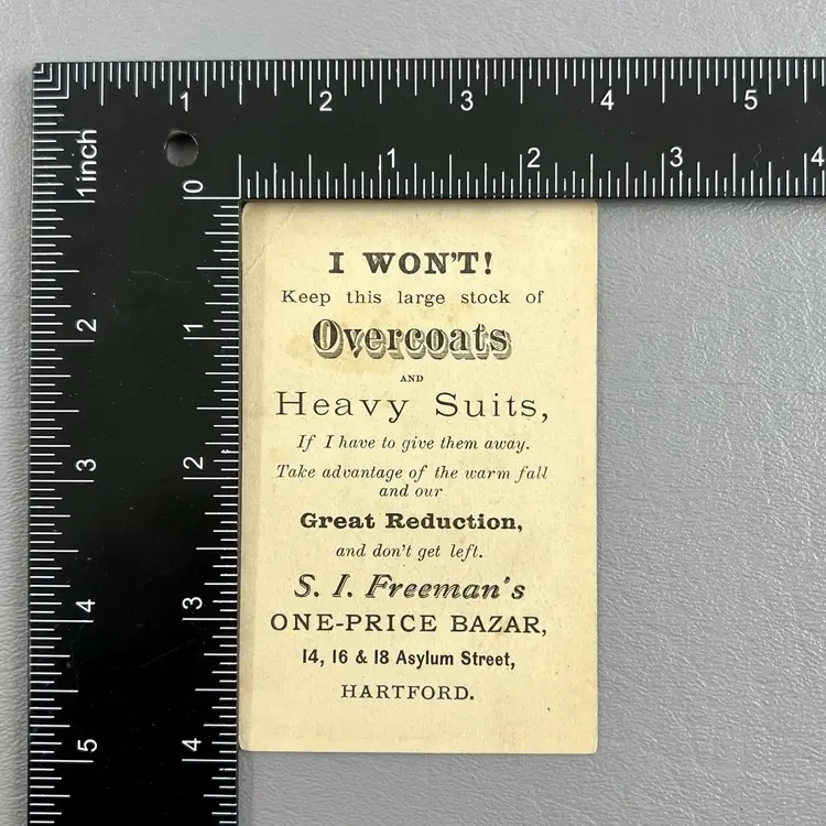 Victorian Trade Card Freeman's One Price Clothing Bazar Hartford CT 3.75x2.5" 14,16&18 Asylum Street