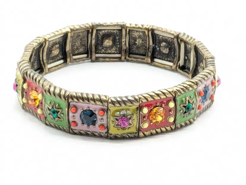 Colorful Bejeweled Copper Stretch Bangle Bracelet Boho