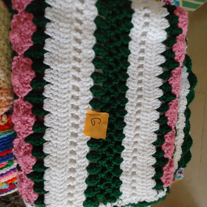 Afghan G- approx size 55 x 72. Pink, white & green stripes. As shown.