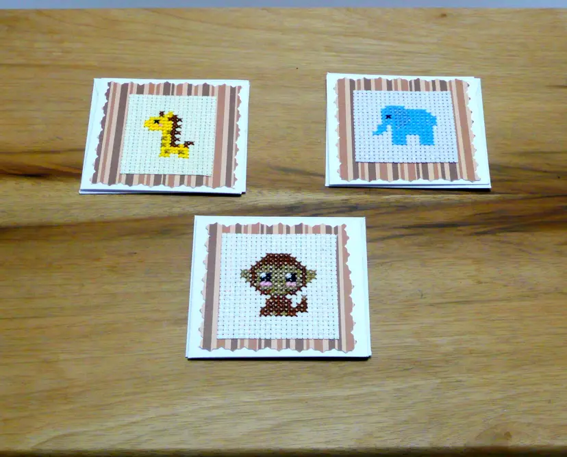 Baby Zoo Animals Cross Stitch Blank Gift Tags Note Cards Monkey Giraffe Elephant 3.25" x 3.25"