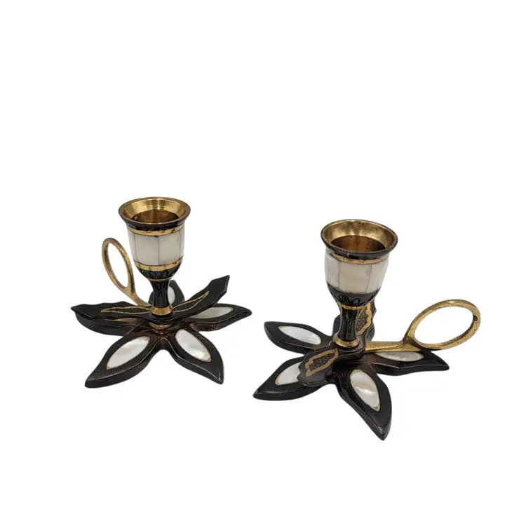 Brass Mother Of Pearl Inlay Lotus Finger Taper Candle Holders Set Bohemian