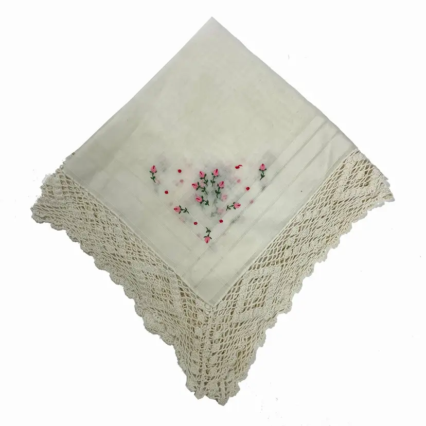 Pink Embroidered Rosebud Floral Handkerchief  Lace Cottage Core Granny Vintage