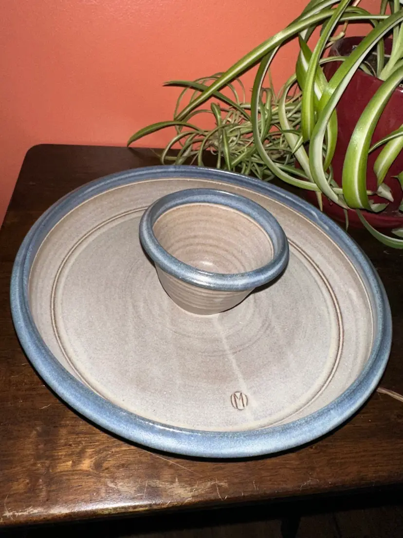 Pottery Chip & Dip 1 Pc Dish/Server Stamped M And Signed With An M On Underside