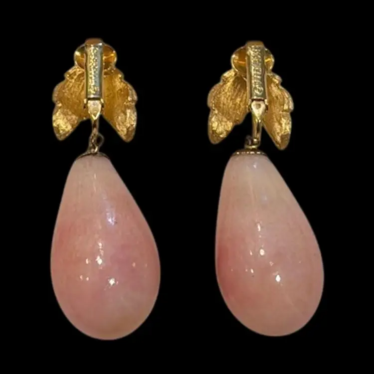 Rare Vintage Marvella Signed Pink Pear Glass Dangle Earrings