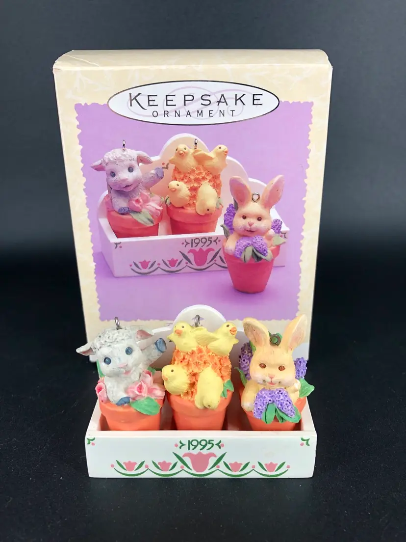 Hallmark Flowerpot Friends Bunny, Chicks, & Lamb w/ Window Box Ornament w/ Box