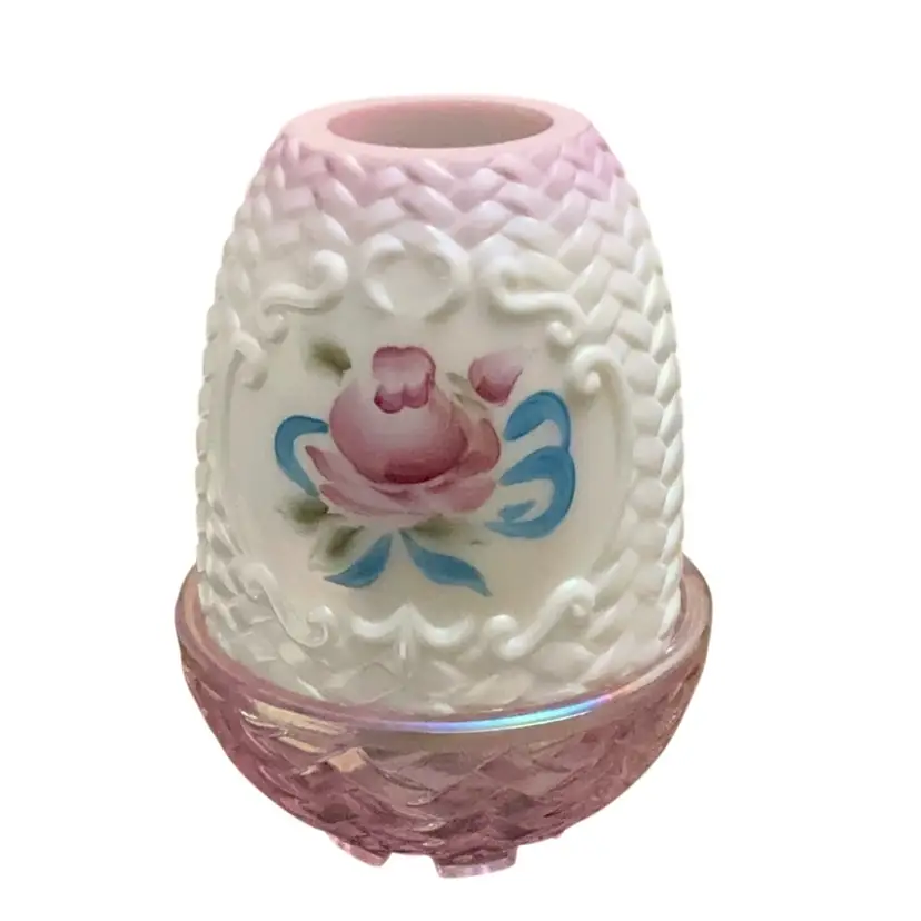 Fenton 2-piece Basketweave Milk Glass Iridized With Pink Base HP By Debra Cutshaw (1976-86) 5” X 3 1/4”