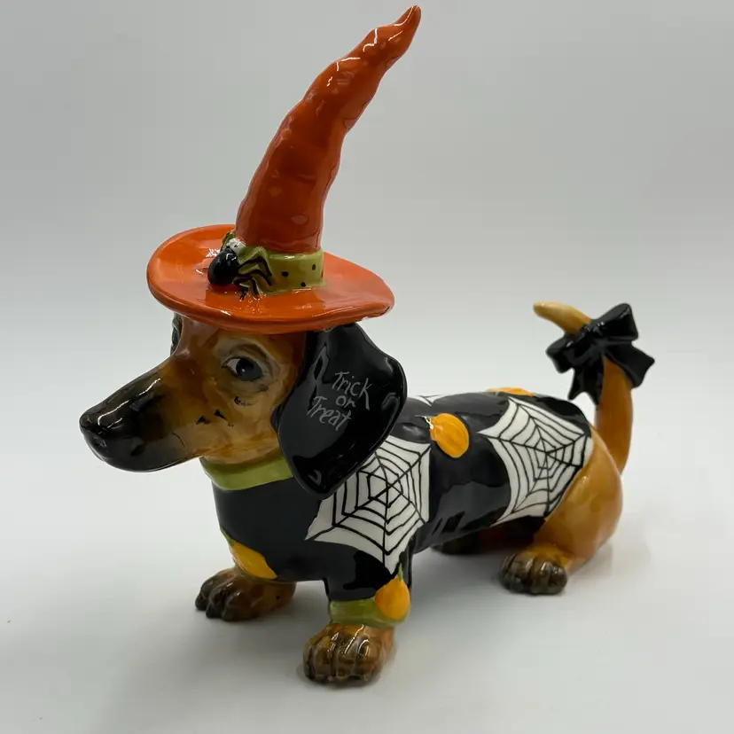 Blue Sky Clayworks Heather Goldminc Trick Treat Halloween Ceramic Dachshund 2021 Sculpture