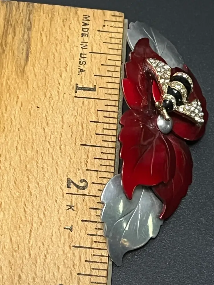 Rhinestone Enamel Bumblebee On Red Silvertone Metal Leaf Brooch