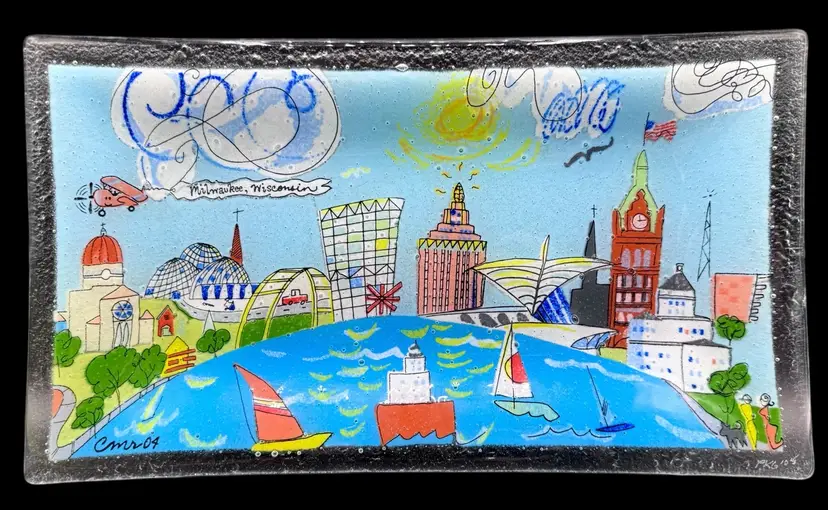 Signed Peggy Karr Fused Glass Plate Milwaukee Wisconsin Rectangle 2005 13.5”