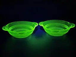 Anchor Hocking Banded Rings Green Depression Glass Uranium Bowls Handle (Set of 2) | Uranium Glass