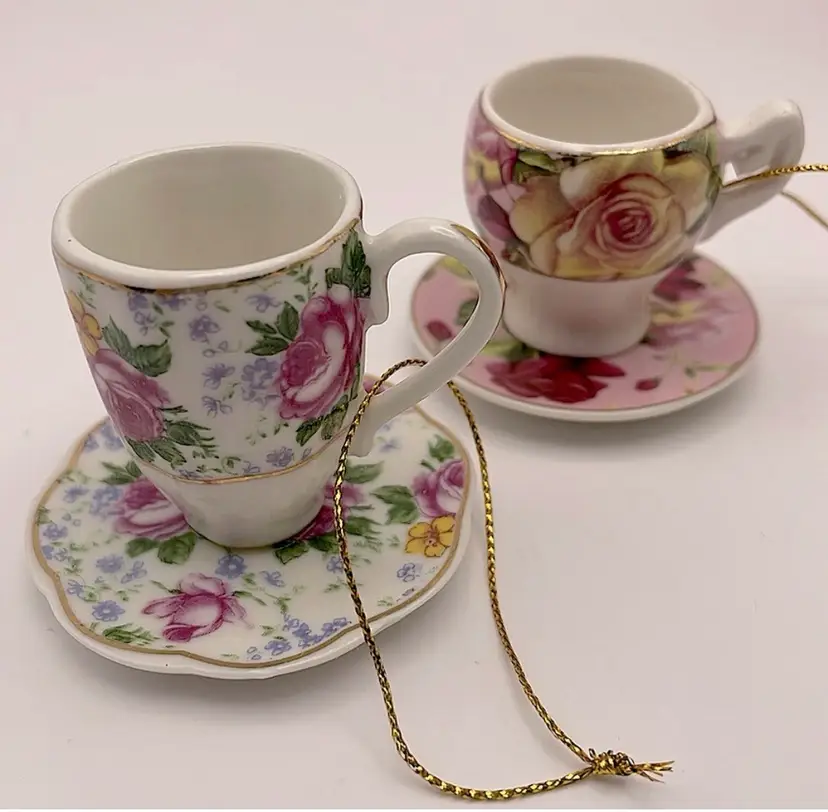 Vintage, China Teacup Ornaments with Florals and Gold Accents