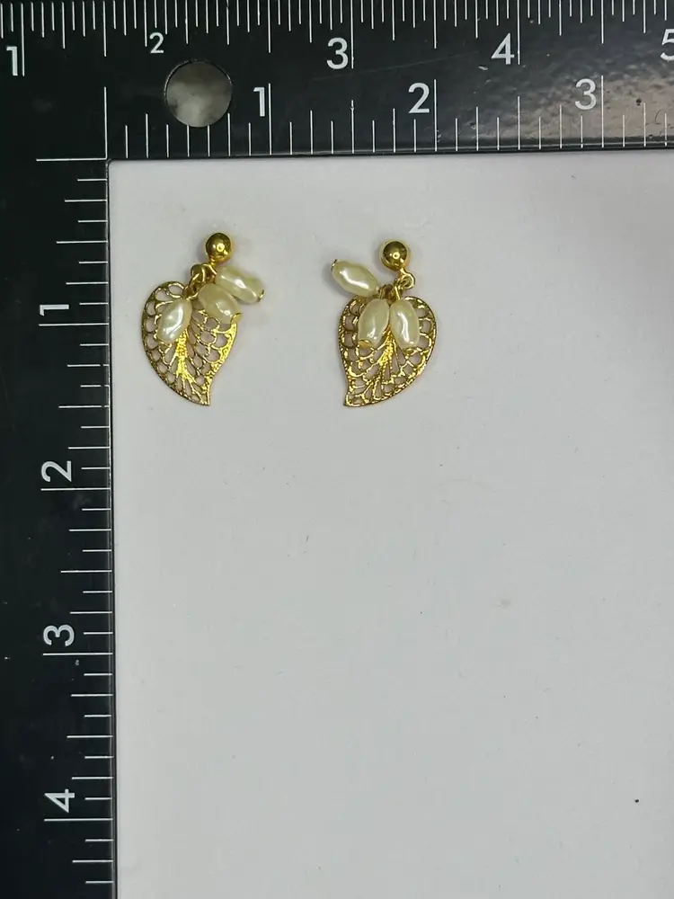 Filigree Gold Leaf Adorned With White Pearls Dangle Earrings Art DecoVintage