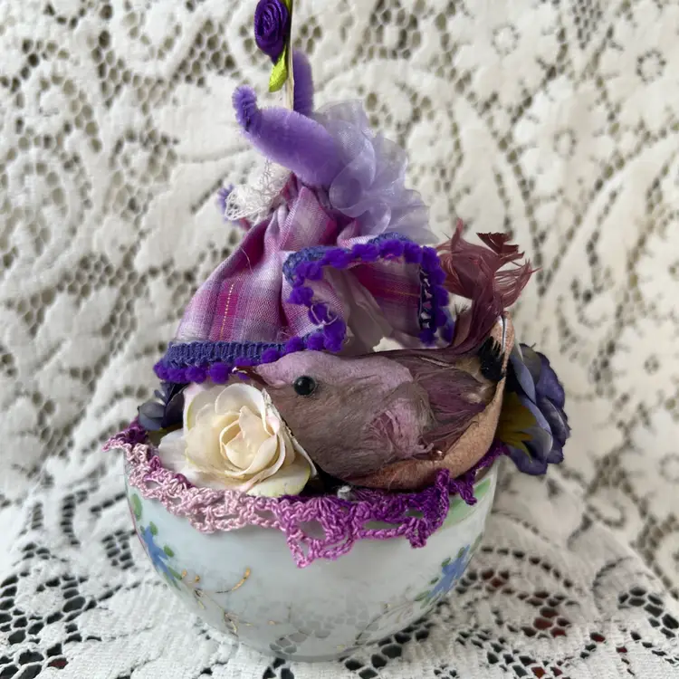 002 Vintage Bone China Teacup Assemblage Purple Bird 6.25" X 6"