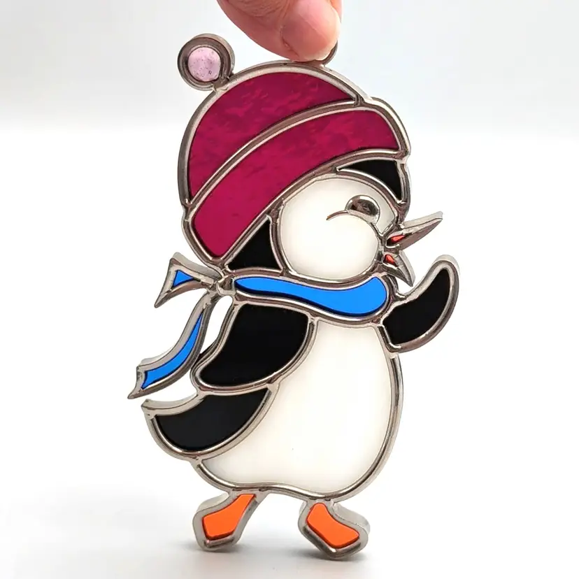 Penguin in Red Knit Hat Stained Glass Sun Catcher Winter by Glass Illusions 5"