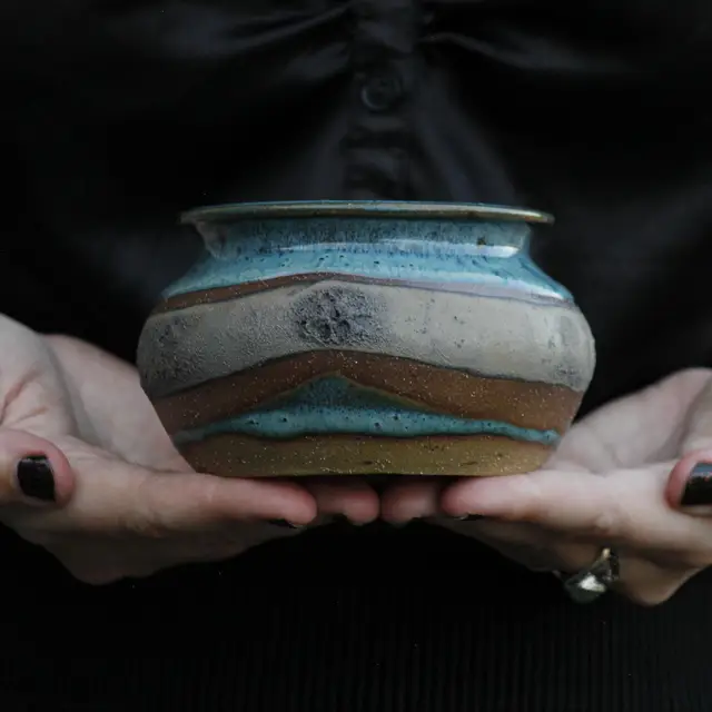 Luna's Aqua Blue Stoneware Vase Banded with Moon Glaze, 3