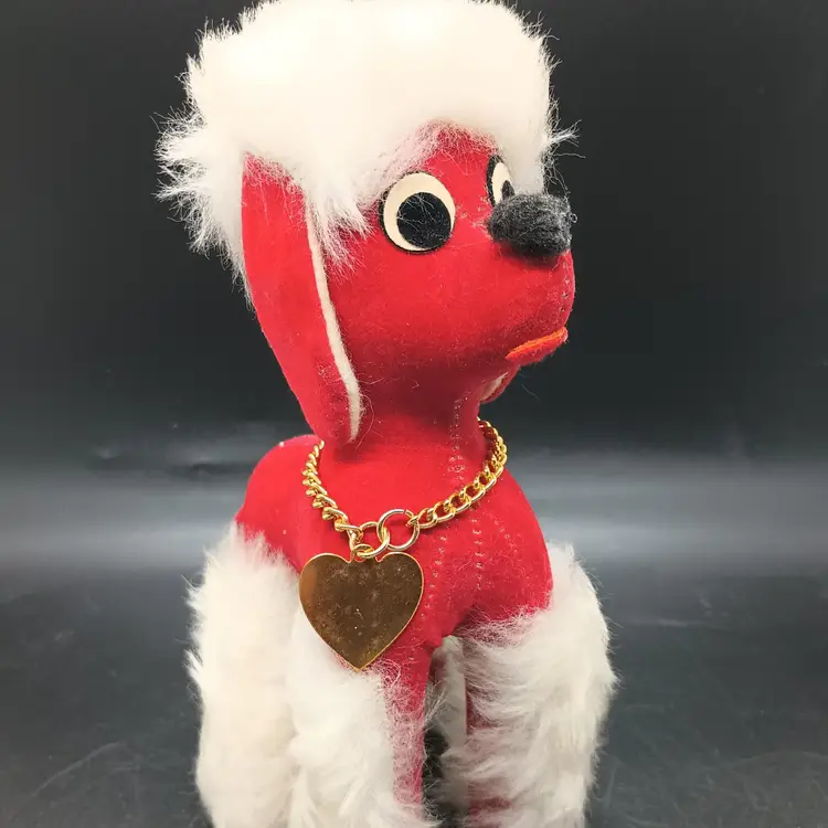 Vintage Herman Pecker Company Red Poodle with White & Gold Tone Heart Necklace 1950's