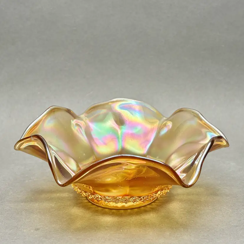 Antique Imperial Glass “Optic Flute” Marigold Carnival Glass Ruffled Bowl