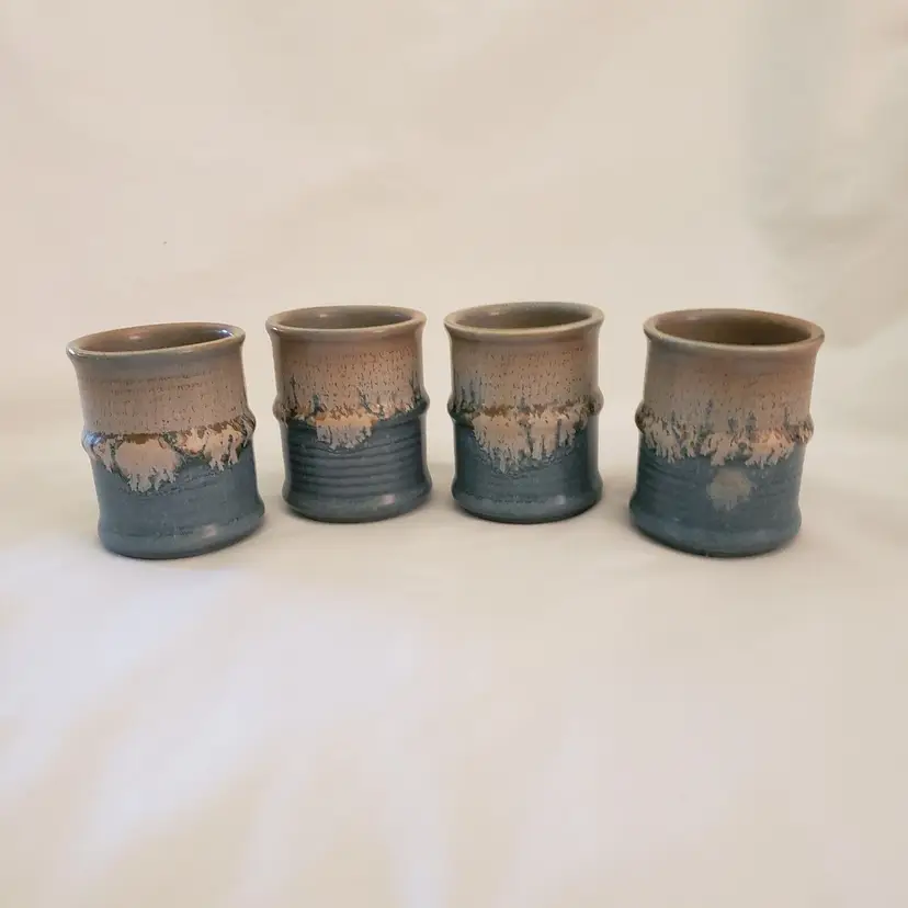 Art Studio Tea Cups Ceramic Pottery - set of 4 - logo Jin Ji Ang - 2 5/8" tall