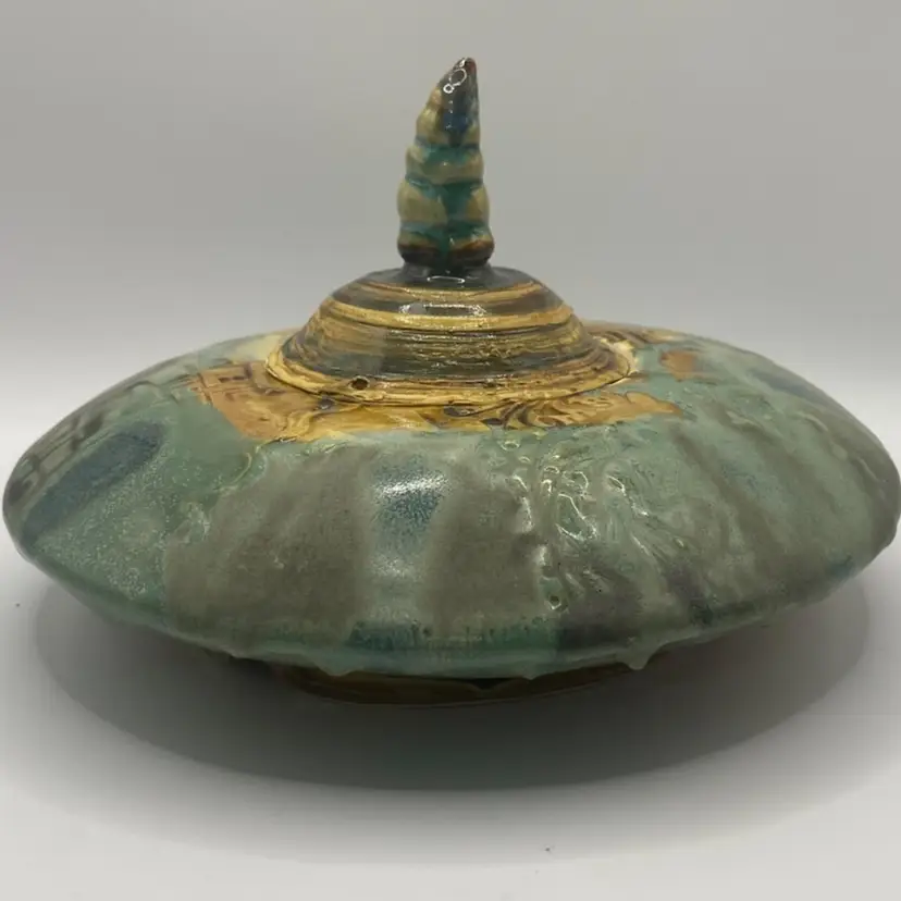 Studio Pottery Drip Glaze Lidded Jar/Bowl, 7” Diameter, Unsigned