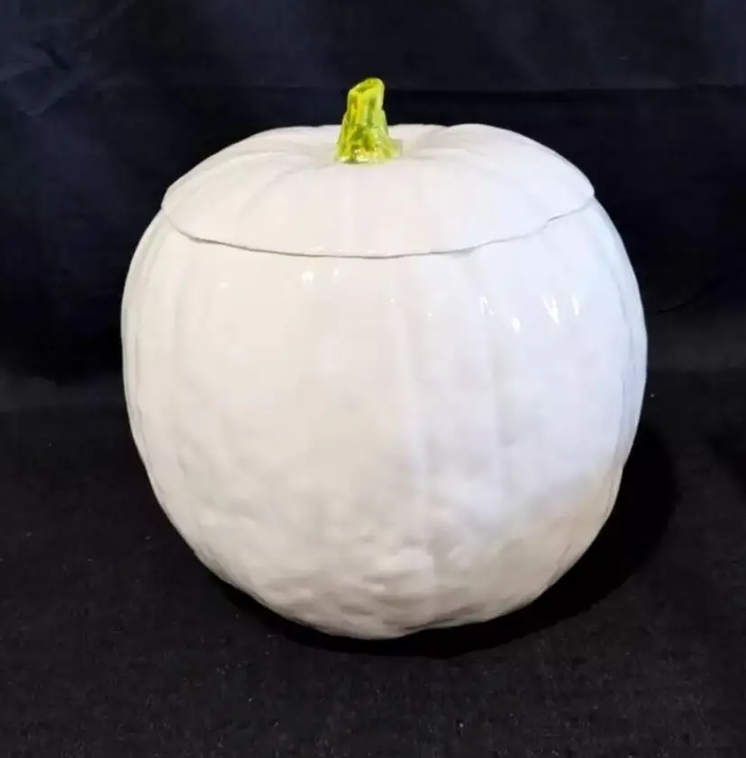 Vintage Ceramic Hand Made Glossy White Pumpkin Cookie Jar Signed Chris