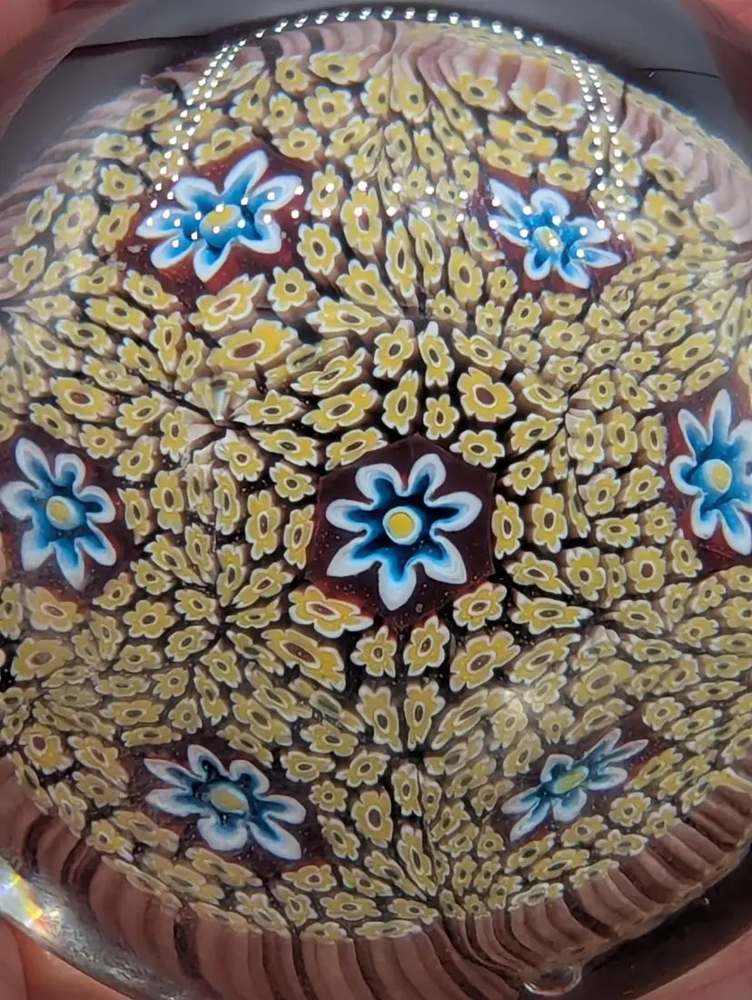 Murano Glass Round Paperweight With Blue Flowers Surrounded By Yellow Flowers