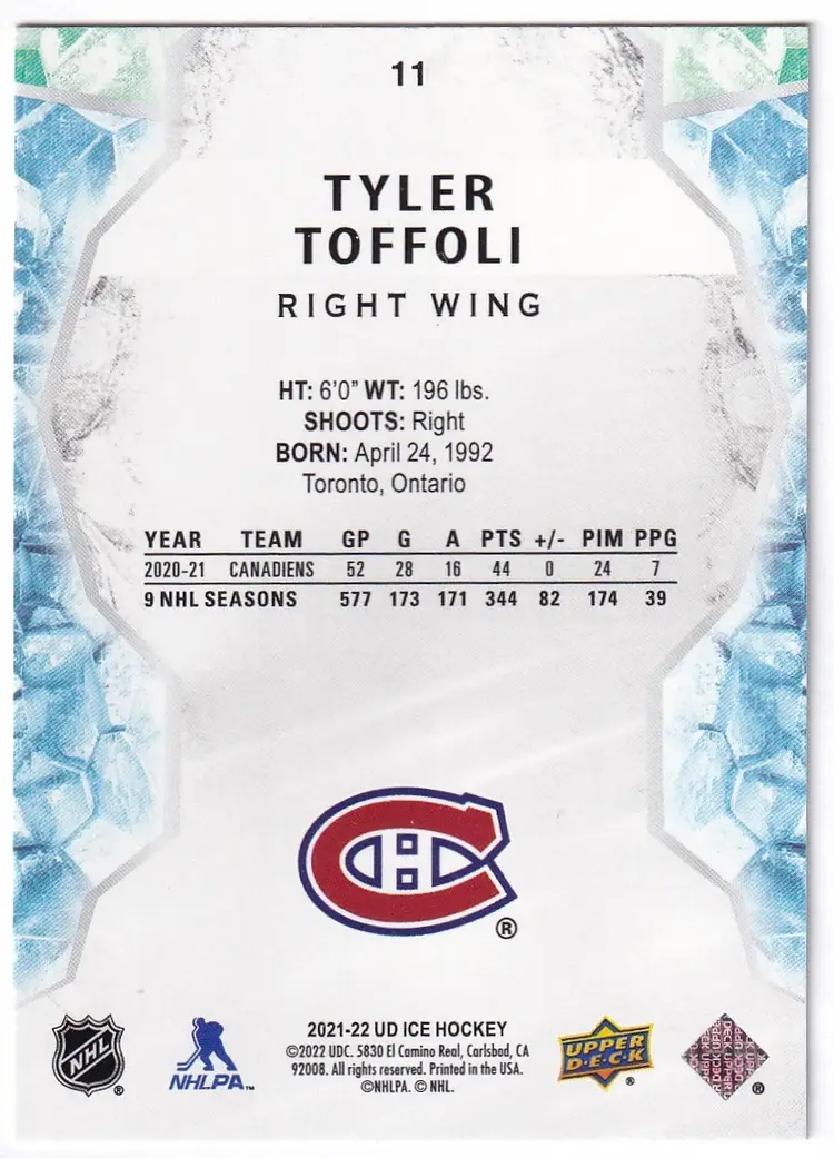 2021-22 Upper Deck Ice Green #11 Tyler Toffoli Montreal Canadiens Hockey Card