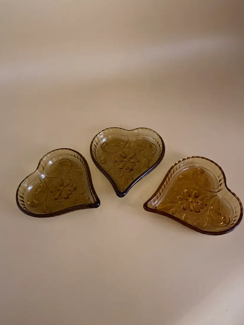 3 Indiana Glass Amber Tiara Heart Dishes