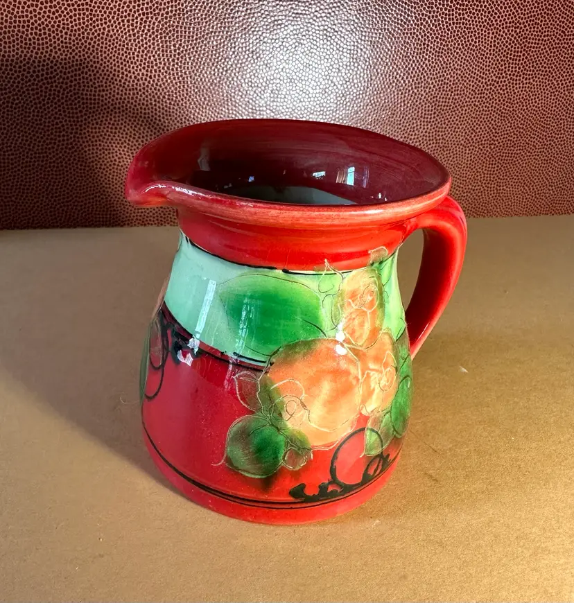 Vintage Handmade Red Serving Pitcher 4.5” Tall Glossy Glaze Signed