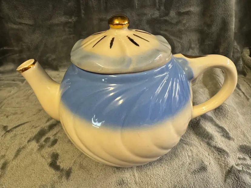 Vintage American Art Pottery Bisque Teapot Cream & Blue Gold Swirl Design 1940s