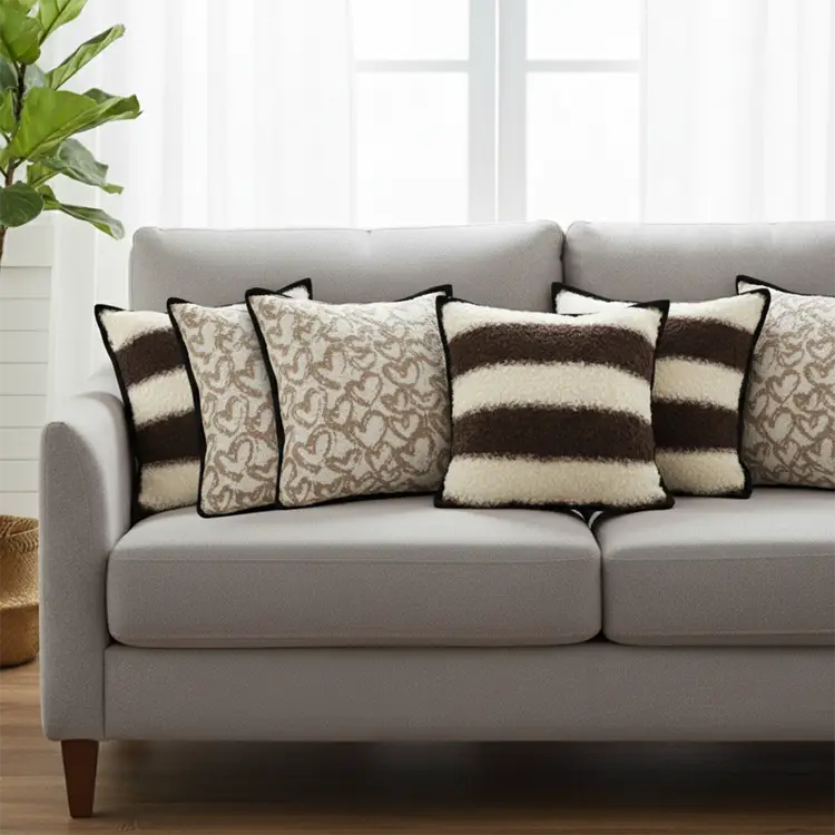 SOGA 6PC Heart Pattern White Black Trim & Brown Cream Striped Bouclé Pillow Covers Sets