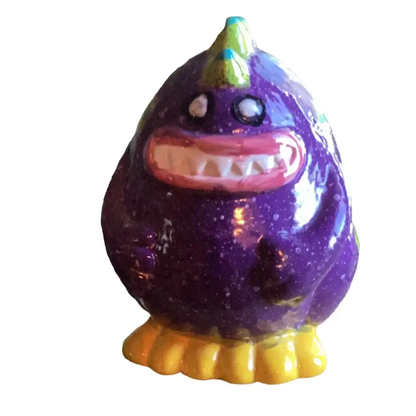 Hilarious Handmade Smiling Purple Monster With Big Yellow Feet Bank With Stopper